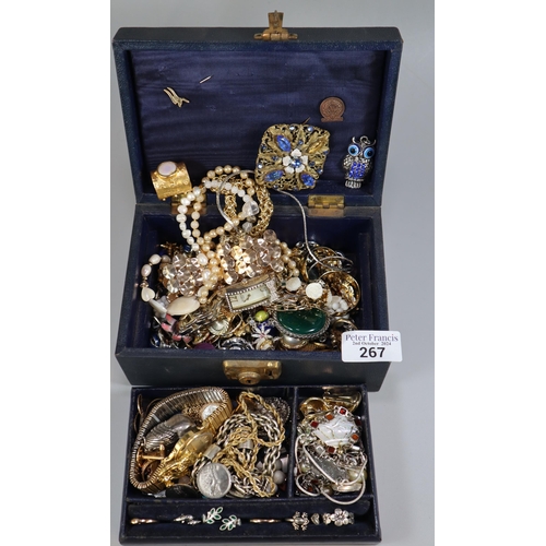 267 - Edwardian jewellery box comprising various jewellery to include: pendants, rings, cufflinks, bracele... 