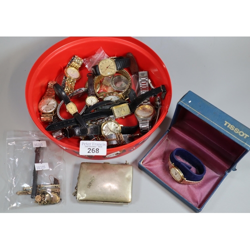 268 - Plastic tub of assorted watches to include: Tissot, Sekonda, Rotary etc. together with a silver plat... 