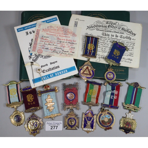 277 - Collection of Royal Antediluvian Order of Buffaloes medal jewels, various, some silver gilt, enamell... 