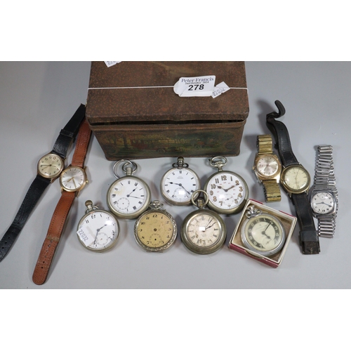 278 - Tin box comprising assorted pocket watches and gent's wristwatches to include: 'Kay's Keyless Triump... 