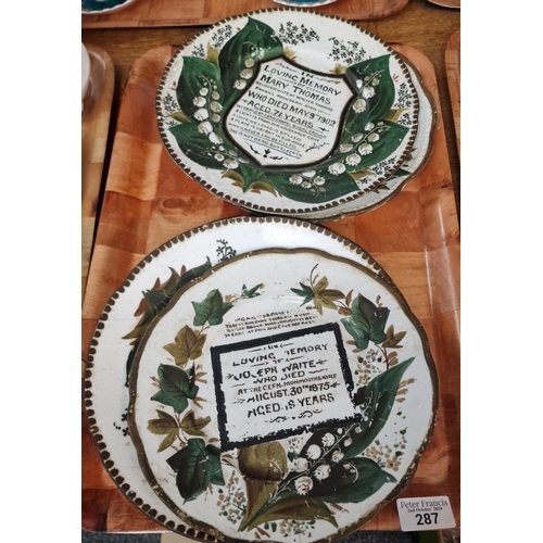 287 - Collection of 19th and early 20th century porcelain memorial plates, In Loving Memory, Country Garde... 