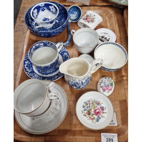 289 - Tray of 19th and 20th century ceramics to include: printed Bat Ware cups and saucers, blue and white... 