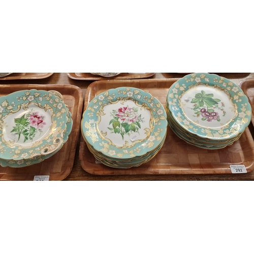 292 - 19th century English porcelain desert service, hand painted with botanical plants and flowers to inc... 