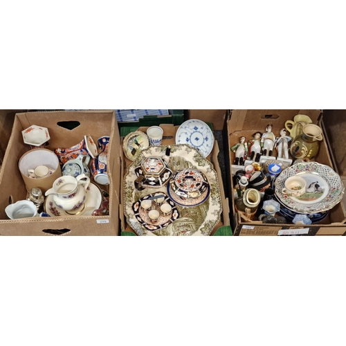 294 - Three boxes of china to include: Japanese 'Imari' vases, ribbon plates, continental figurines, chara... 