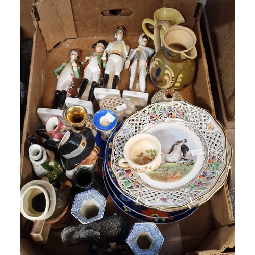 294 - Three boxes of china to include: Japanese 'Imari' vases, ribbon plates, continental figurines, chara... 