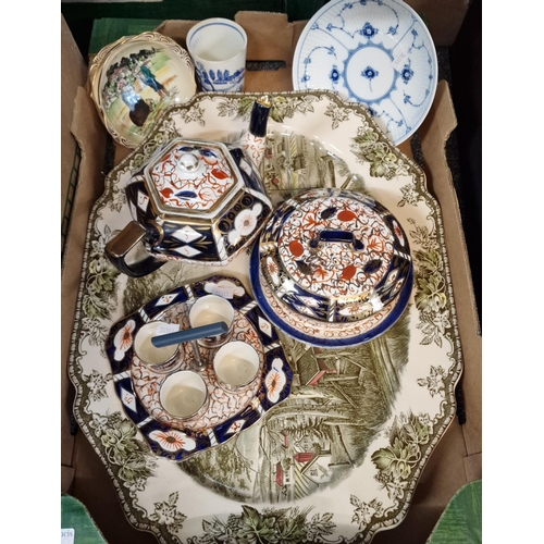 294 - Three boxes of china to include: Japanese 'Imari' vases, ribbon plates, continental figurines, chara... 