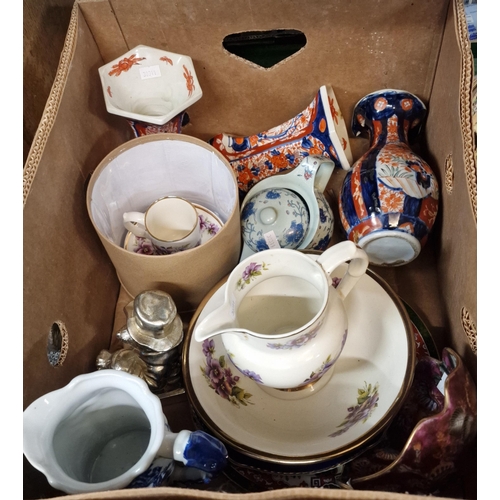 294 - Three boxes of china to include: Japanese 'Imari' vases, ribbon plates, continental figurines, chara... 