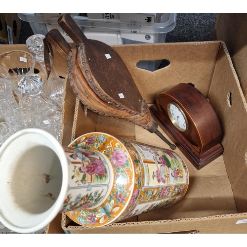 296 - Edwardian mahogany inlaid mantle clock together with a Chinese style vase and vintage bellows.  (B.P... 