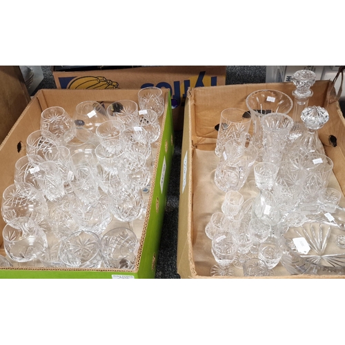 297 - Two boxes of assorted glassware: decanters: wine glasses liqueur glasses, fruit bowl, vases etc. (2)... 