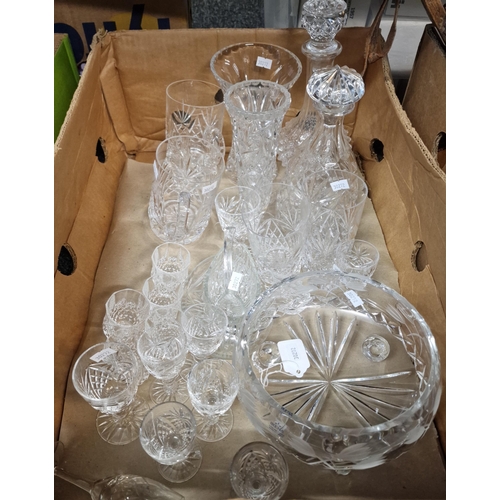 297 - Two boxes of assorted glassware: decanters: wine glasses liqueur glasses, fruit bowl, vases etc. (2)... 