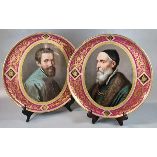 3 - Pair of 19th century Vienna porcelain portrait plaques, hand-painted with portraits of 'Michel Angel... 