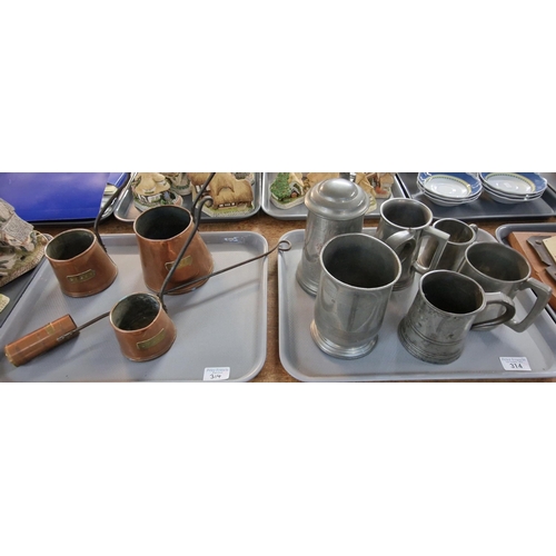 314 - Graduated set of copper cider measures together with a tray of pewter tankards, one particular Pembr... 