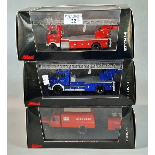 32 - Three Schuco 1:43 scale Fire Engines/fire related vehicles, all in original boxes to include: Merced... 