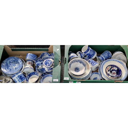 322 - Two boxes of mainly blue and white china: jugs, bowls, ginger jar and cover etc. (2)  (B.P. 21% + VA... 