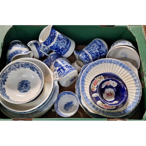 322 - Two boxes of mainly blue and white china: jugs, bowls, ginger jar and cover etc. (2)  (B.P. 21% + VA... 