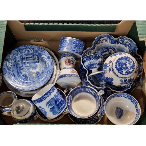 322 - Two boxes of mainly blue and white china: jugs, bowls, ginger jar and cover etc. (2)  (B.P. 21% + VA... 