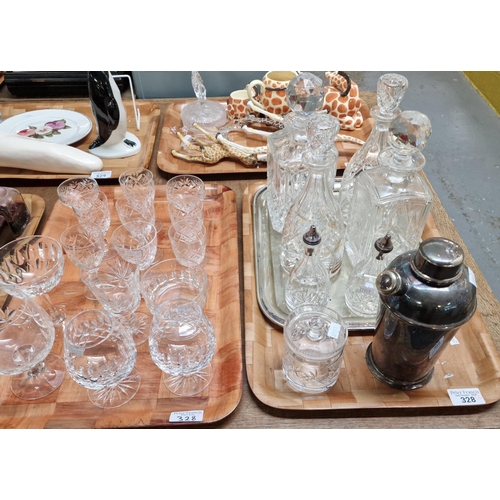 328 - Two trays of glassware to include: wine glasses, brandy balloon glasses, decanters and stoppers etc.... 