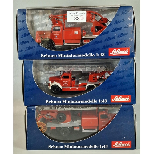 33 - Three Schuco 1:43 scale Fire Engines/Fire related vehicles, all in original boxes to include: Merced... 