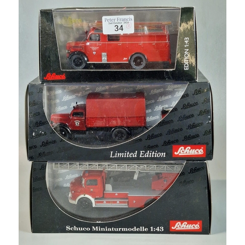 34 - Three Schuco 1:43 scale limited edition diecast Fire Engine/Fire related vehicles, all in original b... 