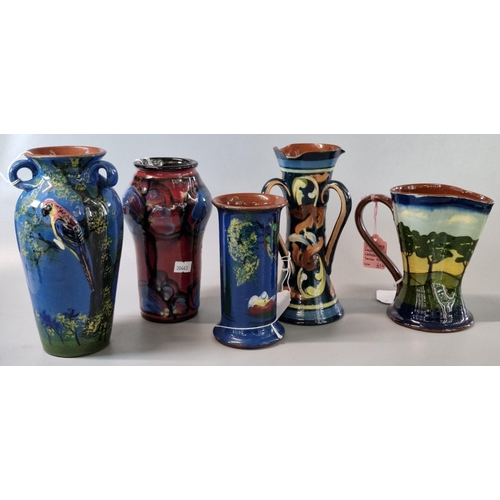 39 - Collection of pottery hand painted vases decorated with flowers and birds to include: Danico Danish ... 