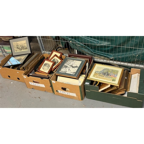 397 - Seven boxes of assorted framed pictures and prints: topographical, black and white etchings, landsca... 