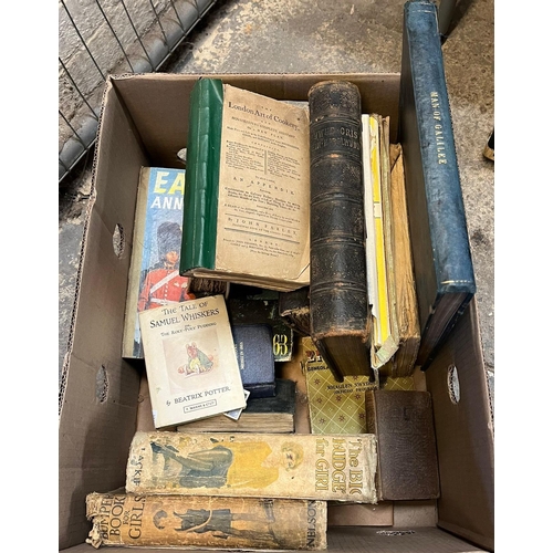 401 - Box of assorted books to include: 'The London Art of Cookery', 'Eagle' annual, 'The Tale of Samuel W... 