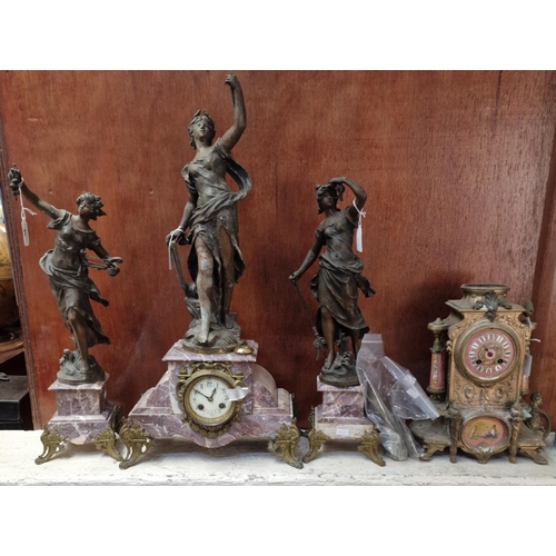 76 - Late 19th early 20th century French three piece clock garniture set with classical spelter figurines... 