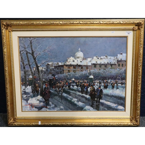 93 - Antonio Gravina, modern oil on canvas of figures and horses on a cold Winter's day. 50x68cm approx. ... 