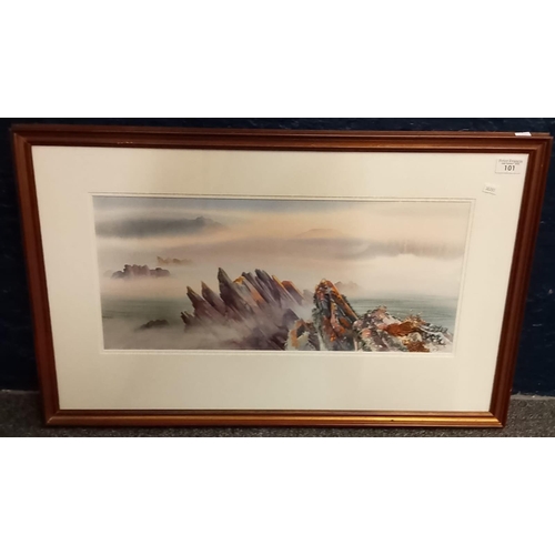 101 - John Rogers (Welsh 20th century), Pembrokeshire rocky outcrops in the mist, signed and dated '89. Wa... 