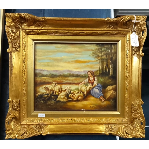 107 - Reproduction pastoral study of a shepherdess with sheep, in heavy gilt frame. Modern. 24.5 x 29cm ap... 