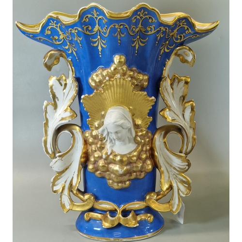 11 - Pair of late 19th / early 20th century Continental porcelain vases, on a blue ground in Rococo style... 