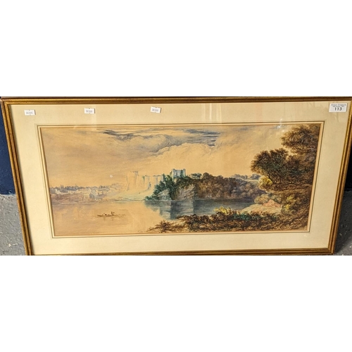 113 - F.W. Watts (British 19th century), Chepstow Castle from the river, watercolours. 30 x 64cm approx. F... 