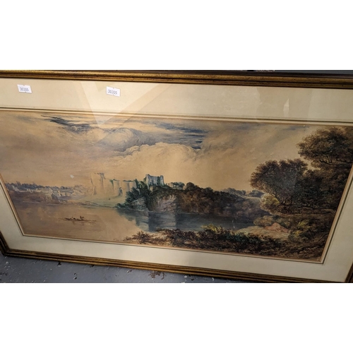 113 - F.W. Watts (British 19th century), Chepstow Castle from the river, watercolours. 30 x 64cm approx. F... 