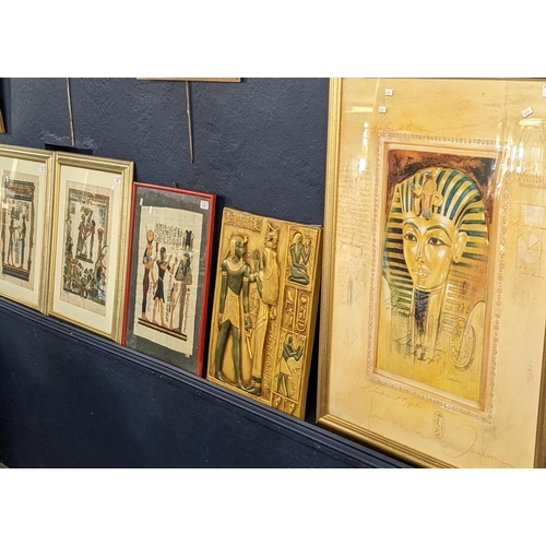 117 - A group of Egyptian furnishing pictures, various, framed and glazed, one being a composition relief ... 