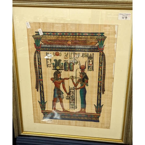 117 - A group of Egyptian furnishing pictures, various, framed and glazed, one being a composition relief ... 