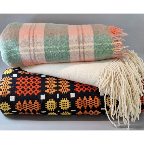 127 - Vintage black, orange and yellow geometric Welsh carthen, together with another checked blanket and ... 