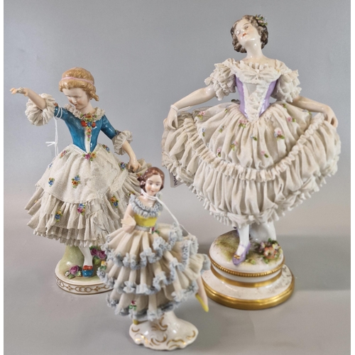 13 - Three Continental porcelain figurines of ballet dancers with encrusted dresses and flowers (3) The t... 