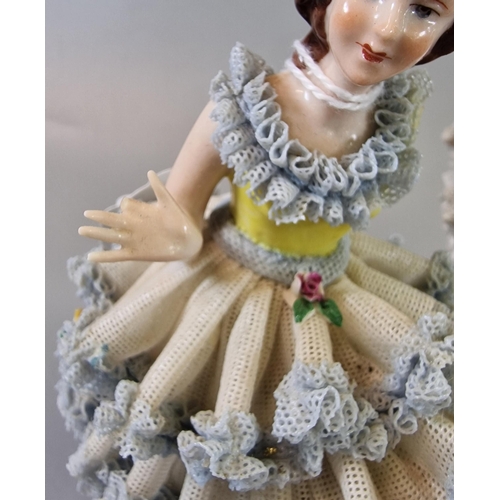 13 - Three Continental porcelain figurines of ballet dancers with encrusted dresses and flowers (3) The t... 