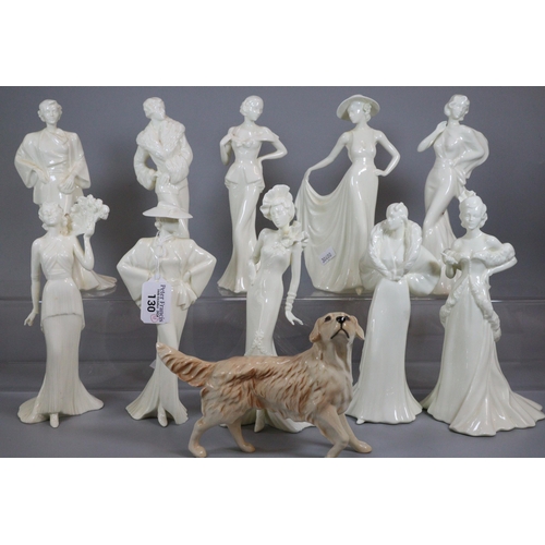 130 - Set of ten Coalport 'In Vogue' figurines with certificate of authenticity together with a Royal Doul... 