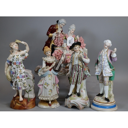 135 - Collection of German figurines to include: Sitzendorf and a figure group of male and female in conve... 