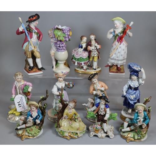 141 - Collection of mainly German / Dresden porcelain figures and figure groups, some feeding animals, peo... 