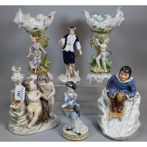 142 - Collection of Continental and other porcelain figurines to include: Royal Dux, a Meissen porcelain s... 