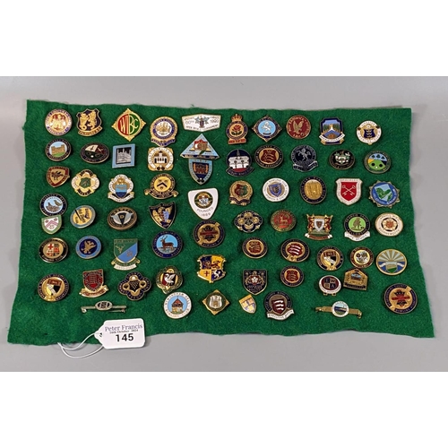 145 - A collection of enamel bowling badges to include: World Championships 1972, London Secretaries Assoc... 