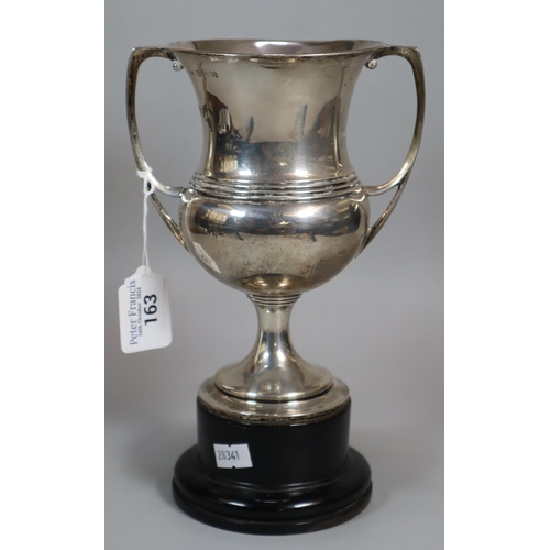 163 - George V silver two-handled presentation trophy cup on socle base, probably by Elkington & Co, Birmi... 