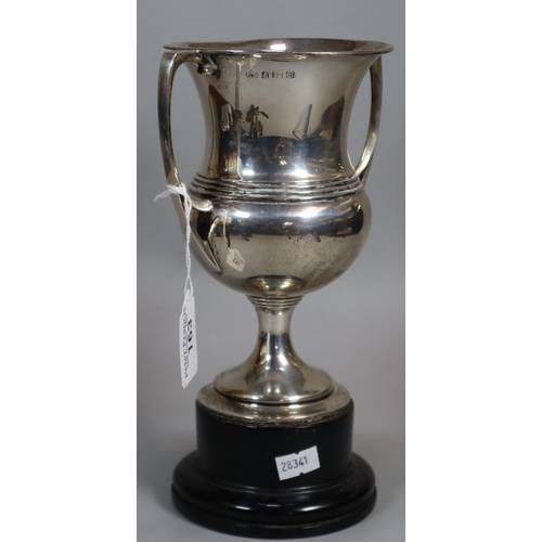 163 - George V silver two-handled presentation trophy cup on socle base, probably by Elkington & Co, Birmi... 