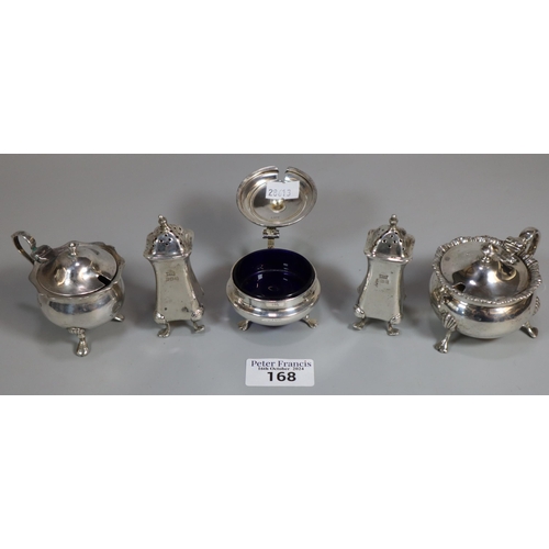 168 - Collection of silver condiments to include: pepper pots, mustard pot, etc. 7.7 troy oz approx. (B.P.... 