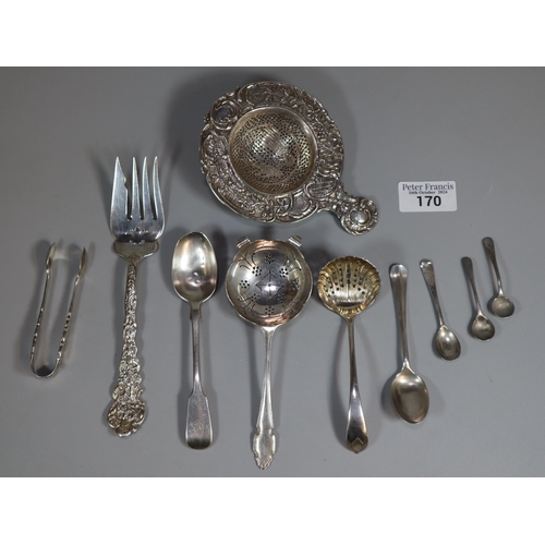 170 - Bag of silver to include: sugar nips, spoons, ladles and strainers, etc. 7.8 troy oz approx.. (B.P. ... 