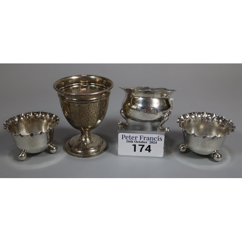 174 - Bag of silver to include: egg cup and three baluster salts on ball and paw feet. 2.6 troy oz approx.... 