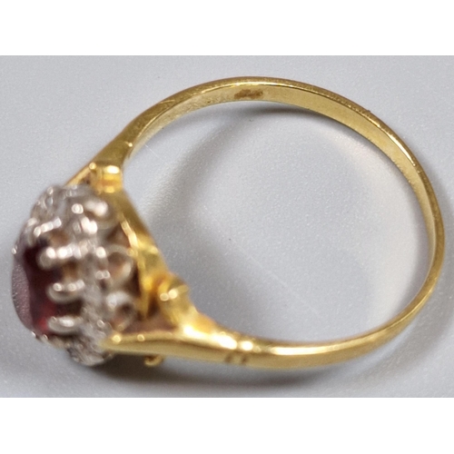 182 - Yellow metal diamond and ruby cluster ring. Indistinct and rubbed hallmarks, illegible. 3.5g approx.... 