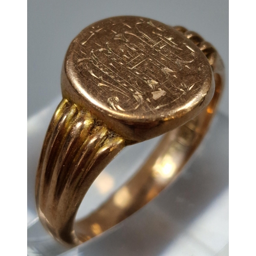 184 - 9ct rose gold signet ring with engraved initials. 6g approx. Ring size R. (B.P. 21% + VAT)